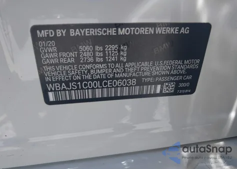 2020 BMW 540I from USA, damaged, VIN WBAJS1C00LCE06038